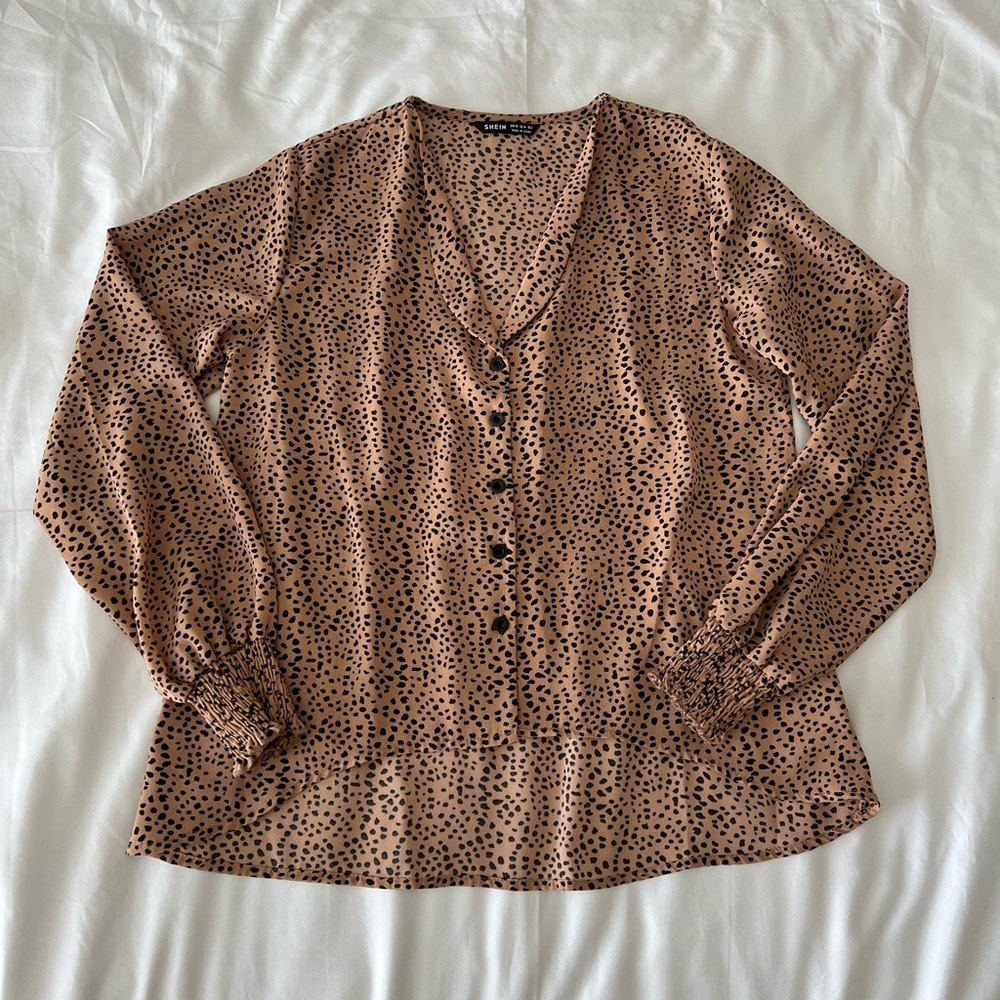 Tan Dalmatian Print Button Up Blouse